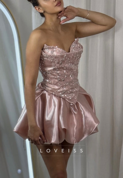 Strapless Sequin Corset Mini Dress with Bubble Satin Skirt