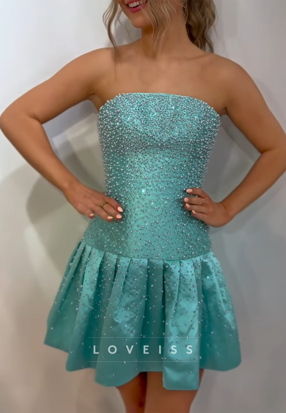 Strapless Beaded Drop-Waist Pleated Mini Dress
