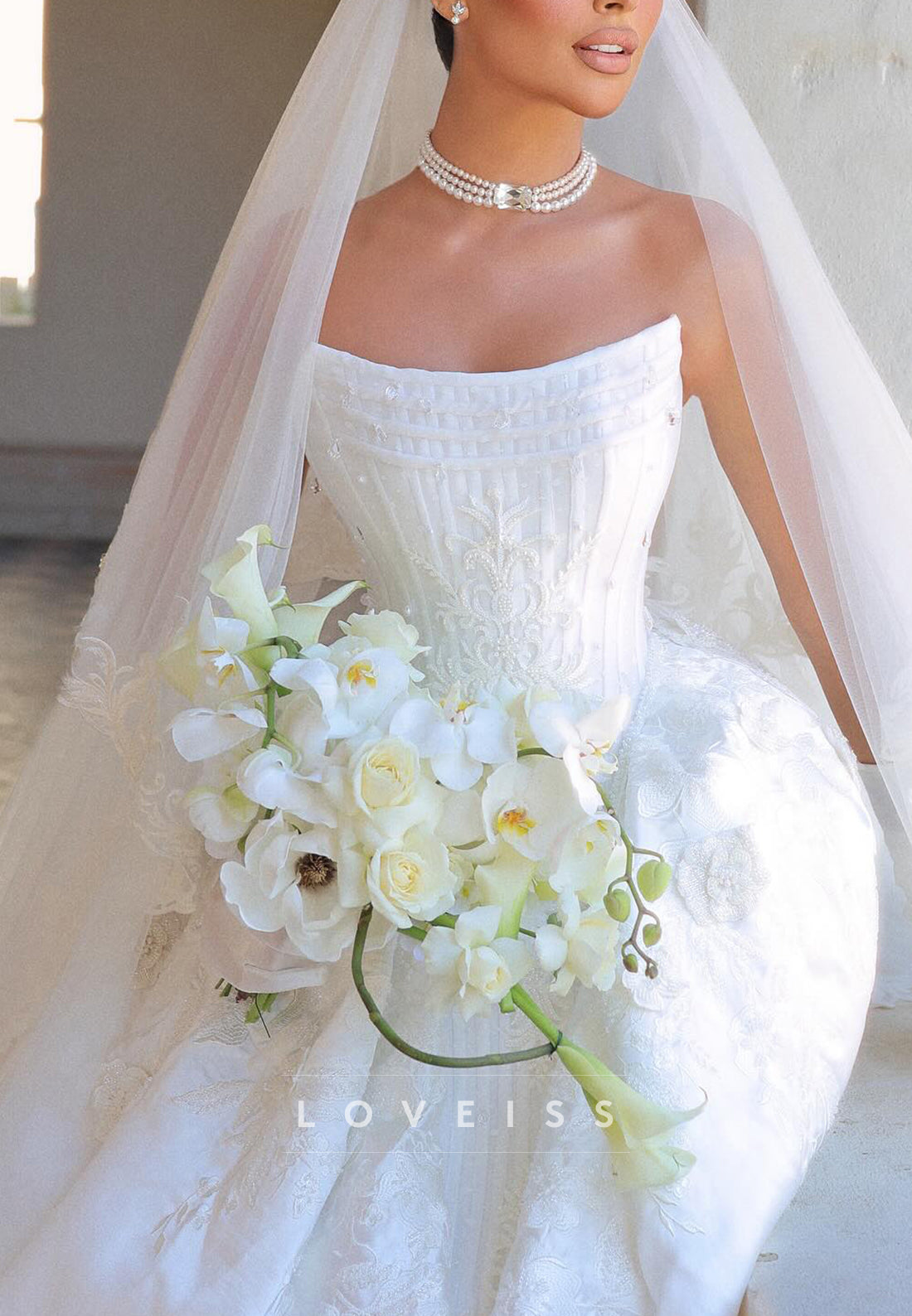 Strapless Corset Jacquard Ball Gown Wedding Dress
