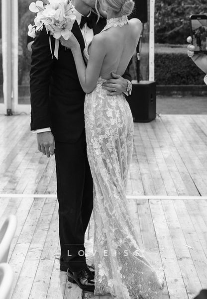 High Neck Lace Open Back Wedding Dress