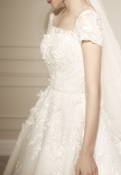 Square Neck Cap Sleeve Ball Gown with Lace Appliques