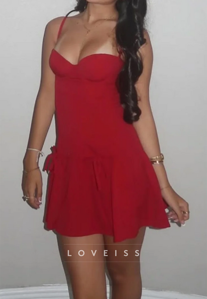 Sweetheart Neckline Spaghetti Strap Ruffle-Hem Mini Dress
