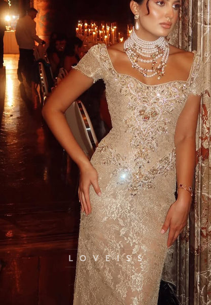 Off-the-Shoulder Beaded Lace Evening Gown