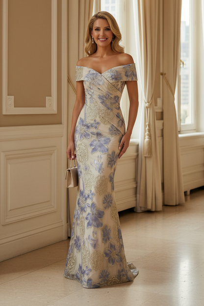 Off-the-Shoulder Floral Jacquard Column Gown