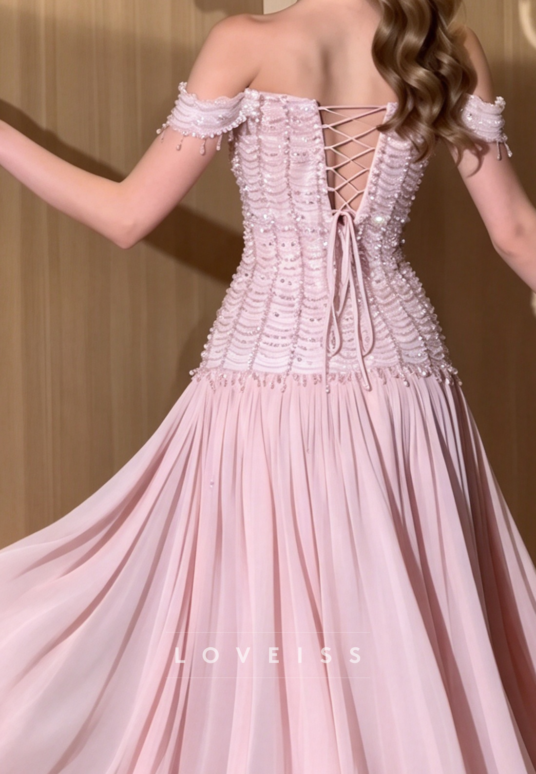 Beaded Drop-Waist Off-the-Shoulder Maxi Gown