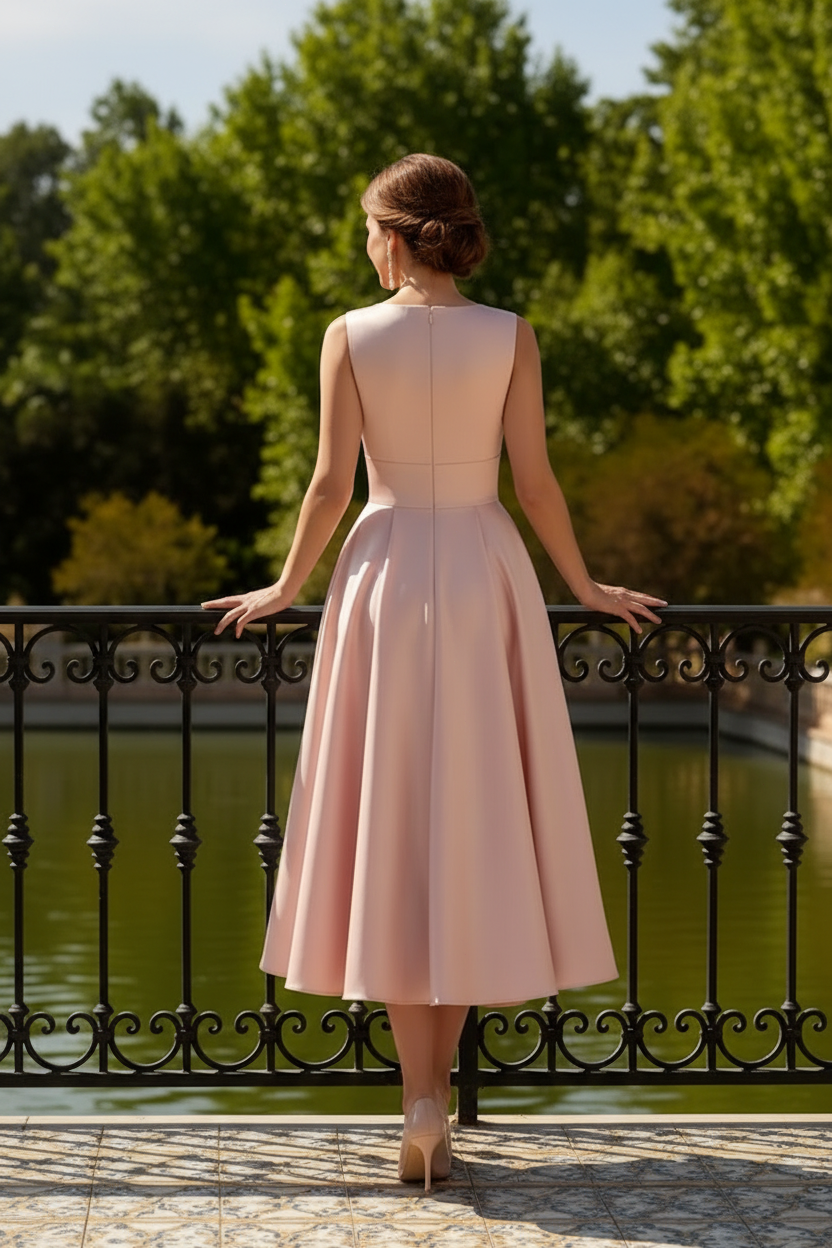 Sleeveless Plunge Midi Dress with Deep V-Back