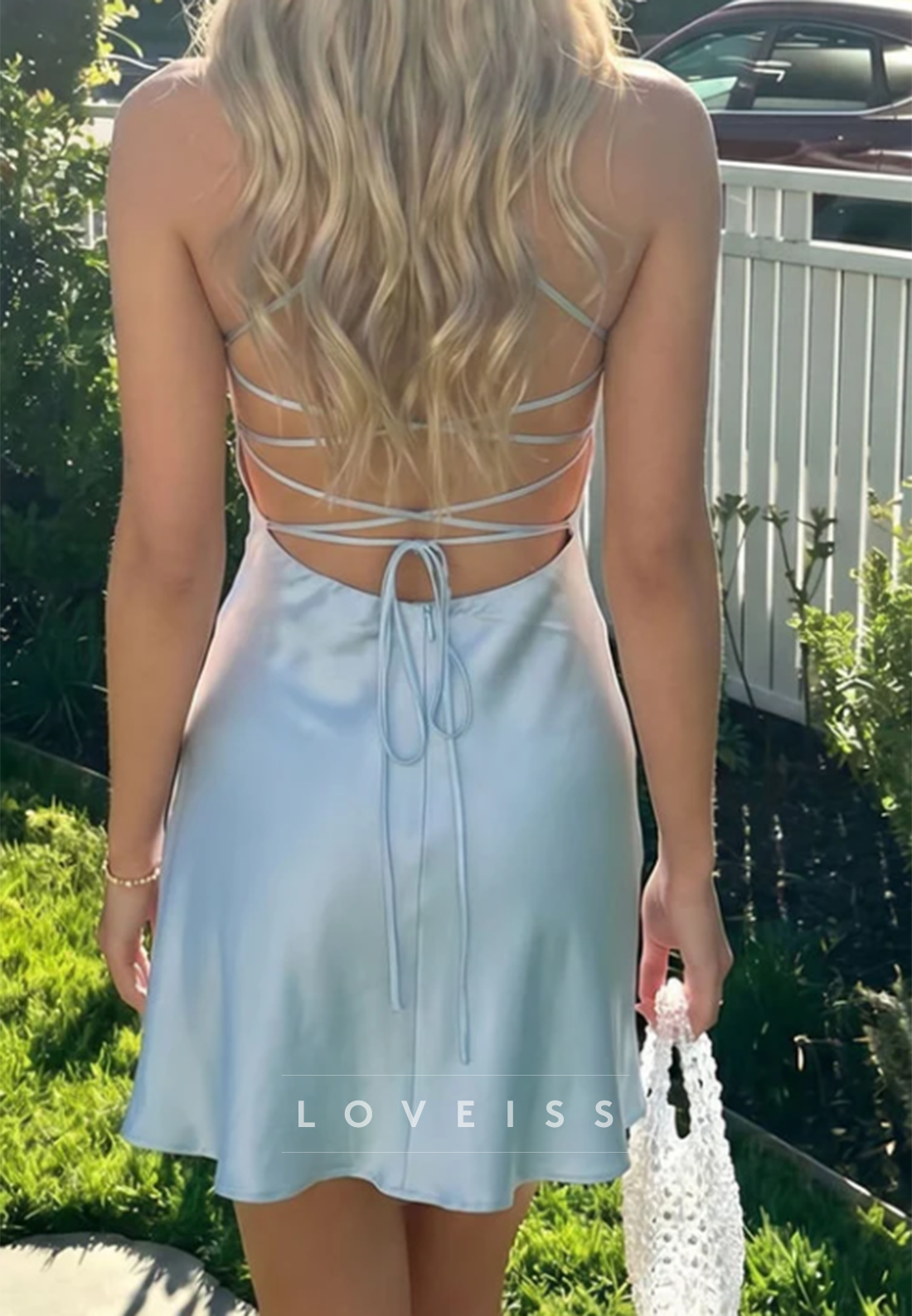 Sequin Bodice Satin Mini Dress with Lace-Up Open Back