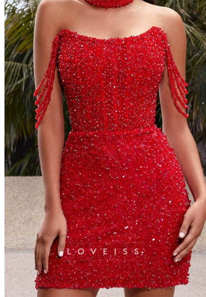Strapless Beaded Fringe Bodycon Mini Dress