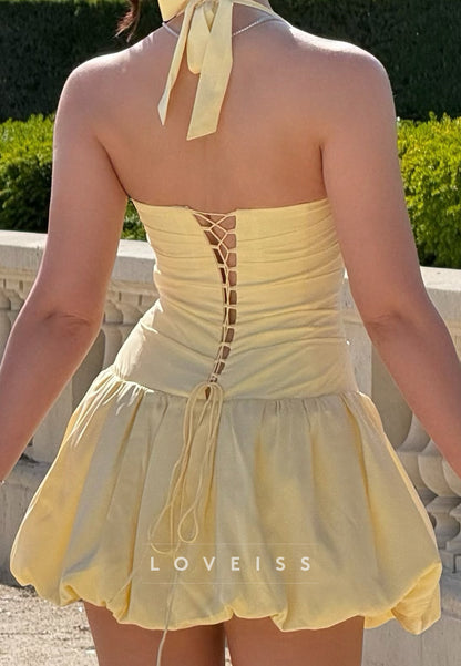 Halter Neck Ruched Mini Dress with Bubble Skirt