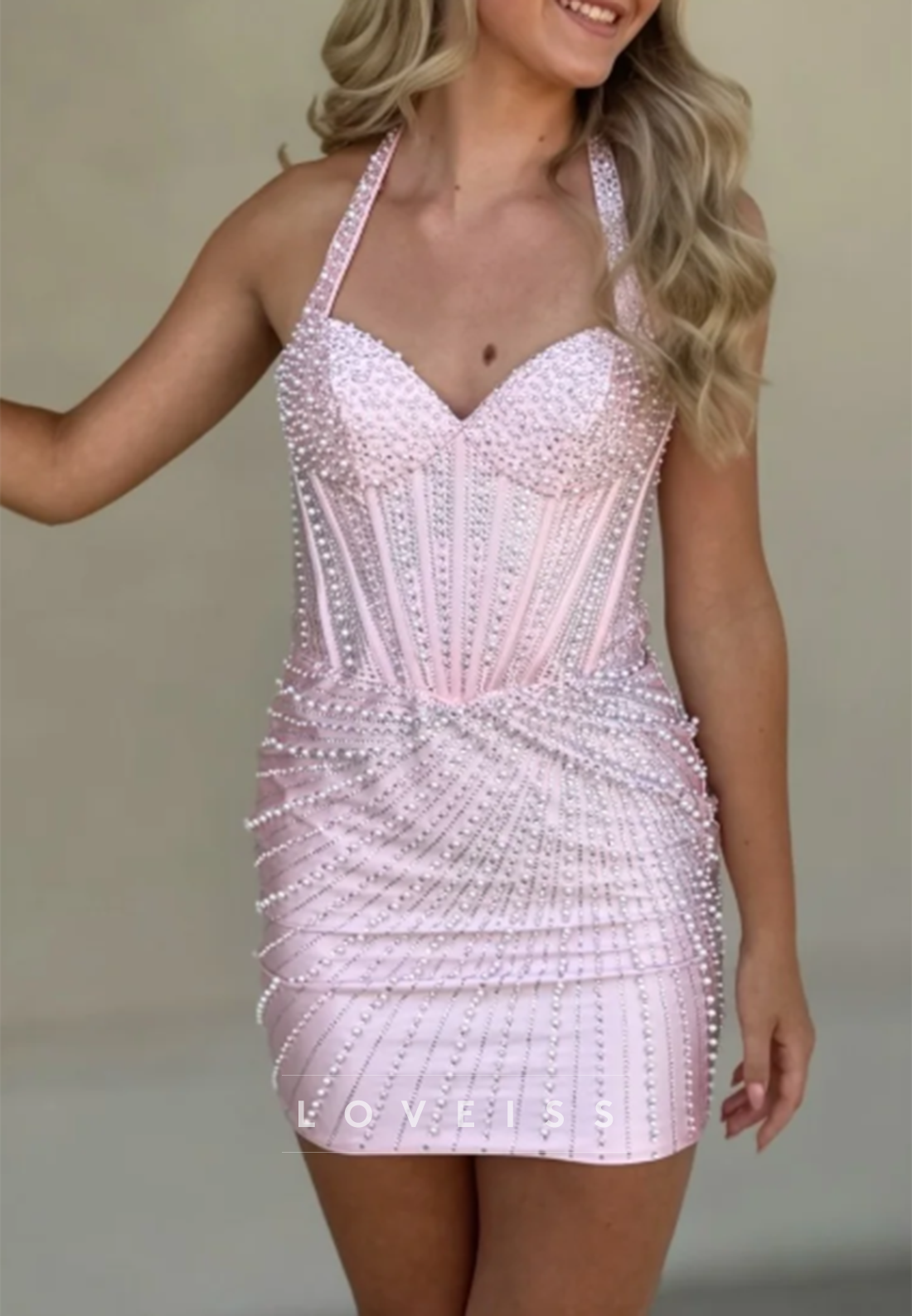 Pearl Embellished Halter Corset Mini Dress