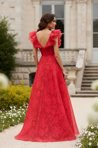 One-Shoulder Ruffle Floral Organza A-Line Gown