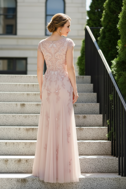 Beaded Cap Sleeve Trumpet Evening Gown