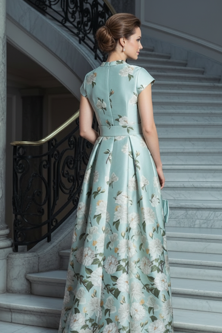 Floral Belted A-Line Gown with Cap Sleeves