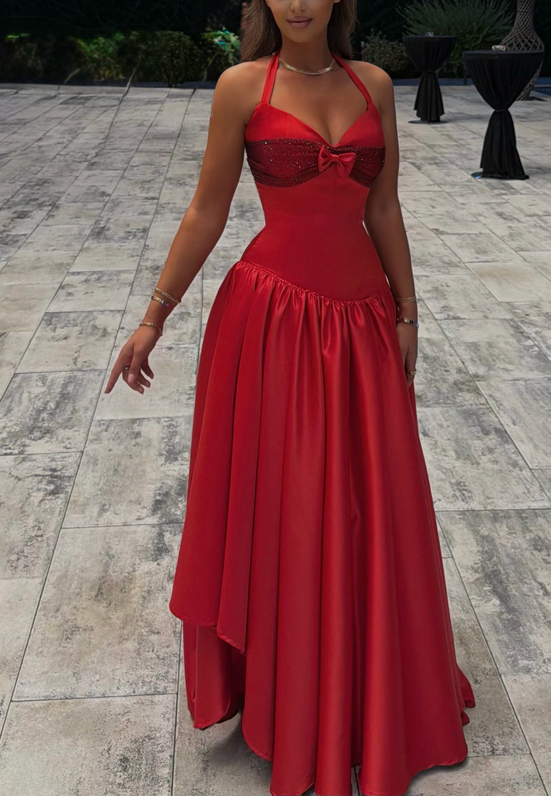 Halter Drop-Waist Gown with Embellished Bust