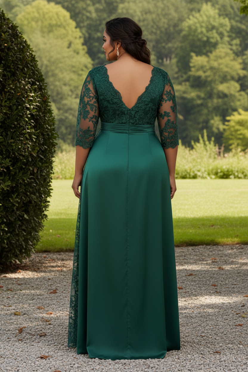 Plus Size Lace Sleeve Ruched Satin Evening Gown