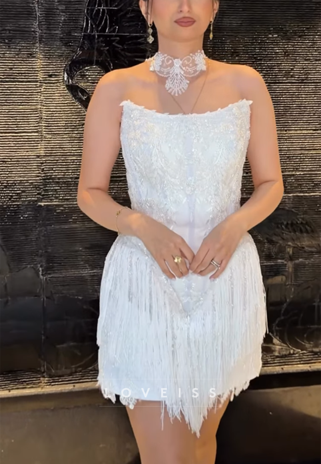 Strapless Beaded Corset Mini Dress with Fringe