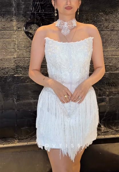 Strapless Beaded Corset Mini Dress with Fringe