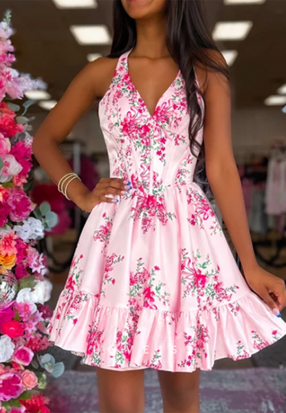 Floral Print Mini Dress with Corset Bodice and Ruffle Hem