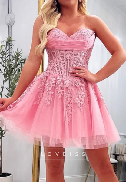 Strapless Corset Mini Dress with Floral Lace Appliques