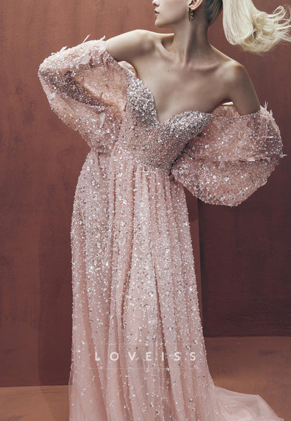 Sequined Off-the-Shoulder Gown with Bishop Sleeves
