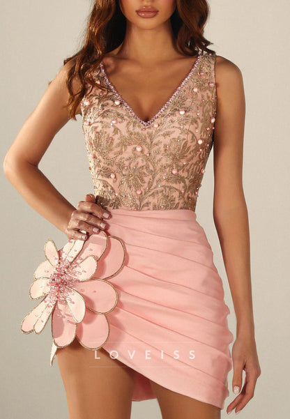 Embroidered V-Neck Ruched Mini Dress with 3D Flower