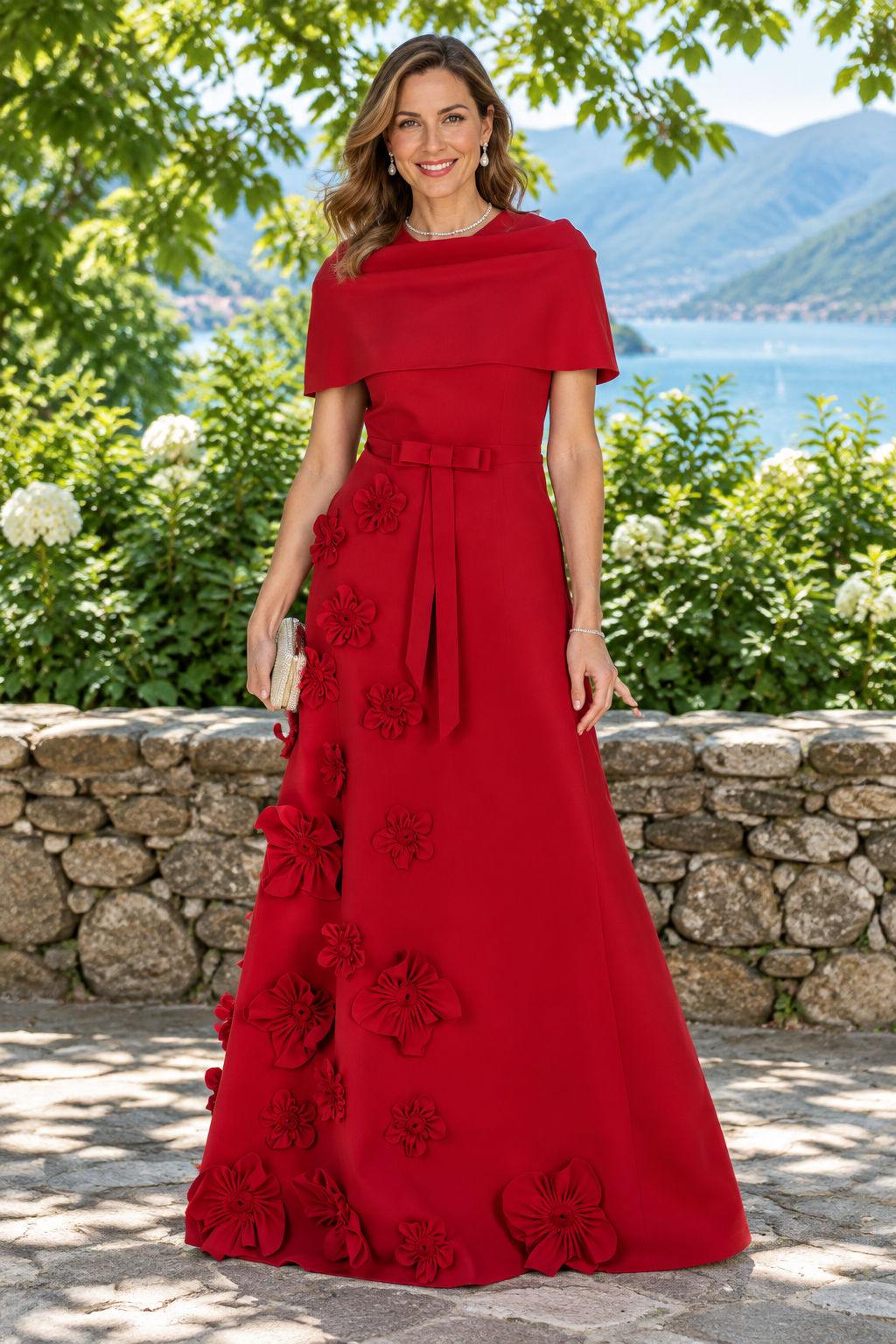 Capelet Maxi Dress with 3D Floral Appliqués
