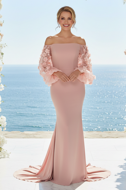 Off-the-Shoulder Mermaid Gown with 3D Floral Sleeves