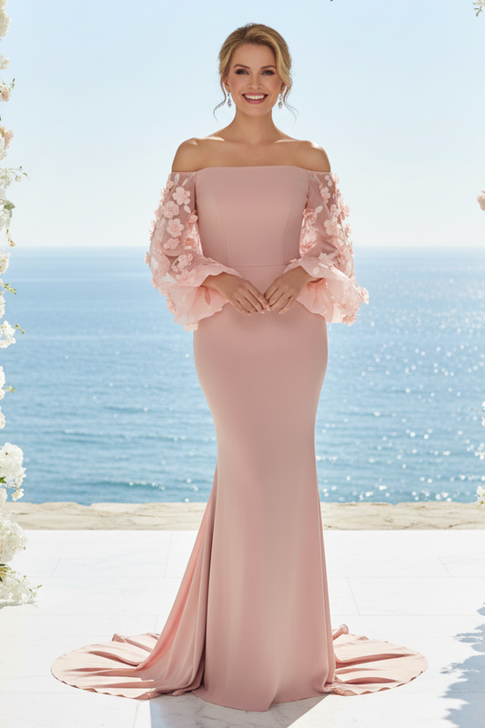 Off-the-Shoulder Mermaid Gown with 3D Floral Sleeves