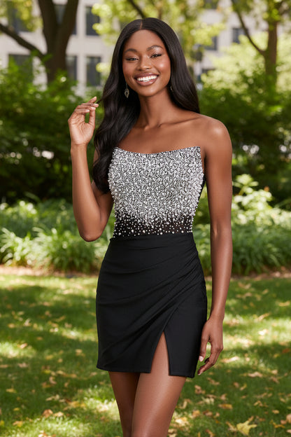 Beaded Corset Strapless Satin Mini Dress