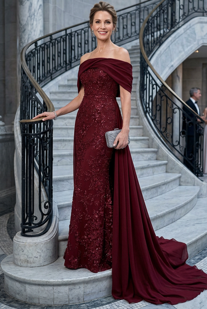 Off-the-Shoulder Floral Lace Gown with Overskirt