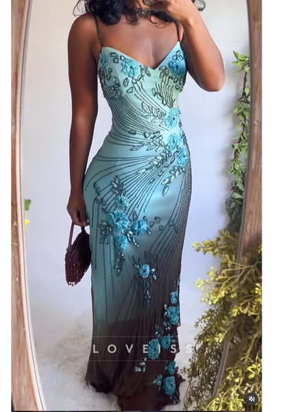 Beaded 3D Floral Maxi Gown with Ombre Hem
