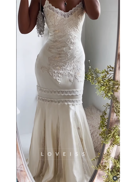 Embroidered Mermaid Gown with Lace Trim
