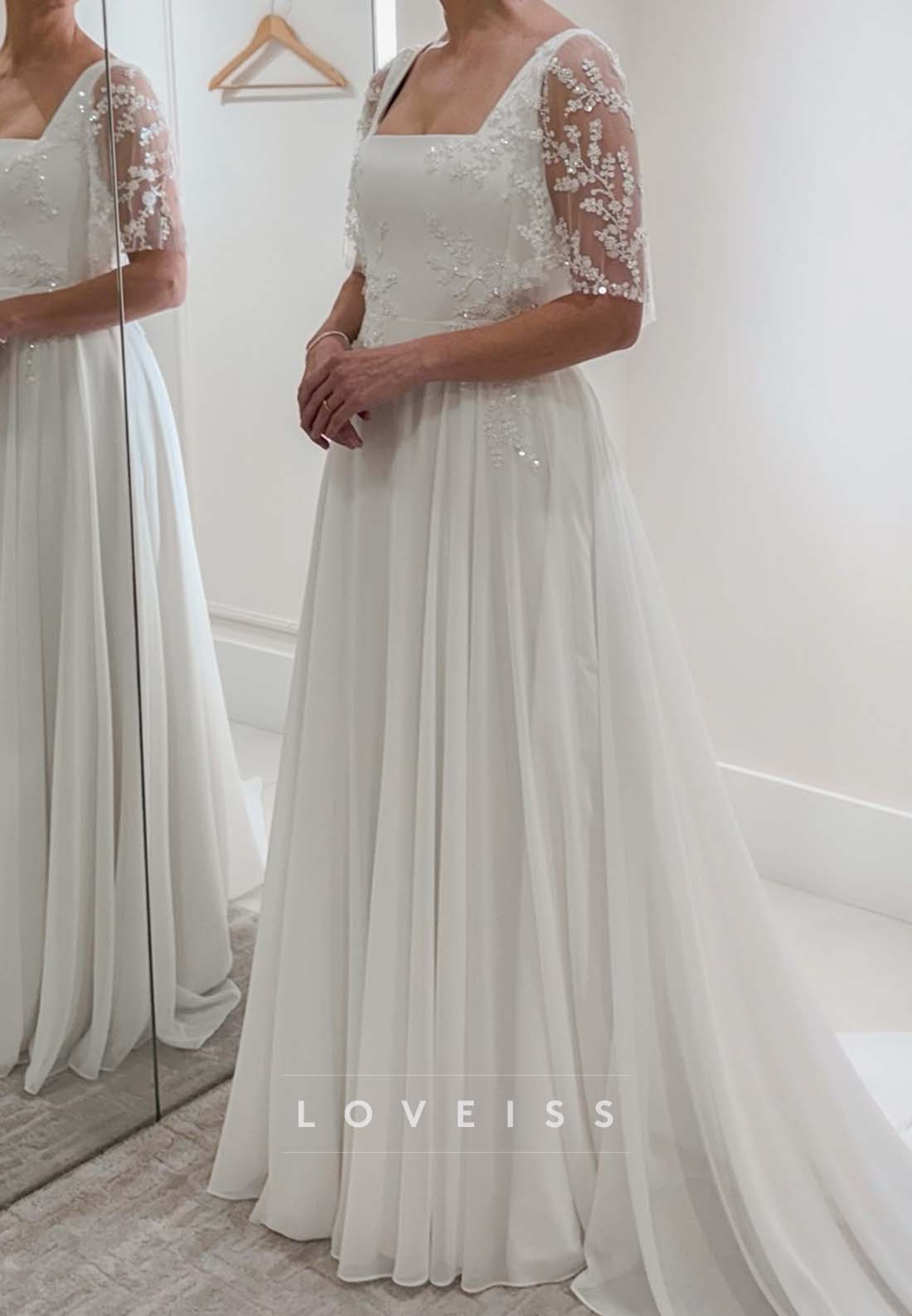 Square Neck A-Line Wedding Dress with Flutter Sleeves
