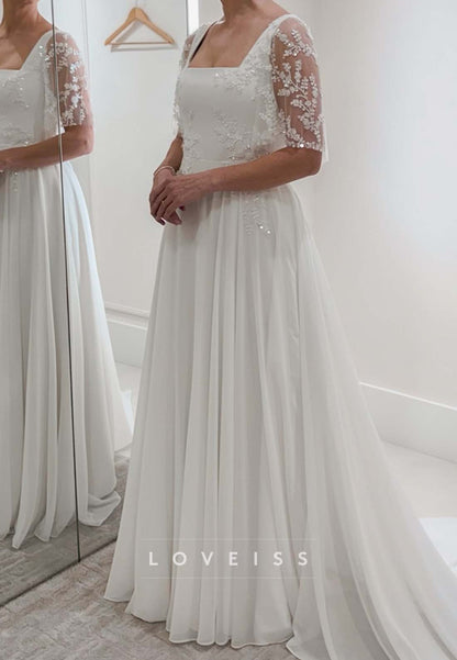 Square Neck A-Line Wedding Dress with Flutter Sleeves