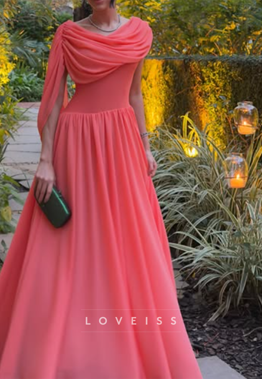 Draped Cowl Neck Chiffon Evening Gown