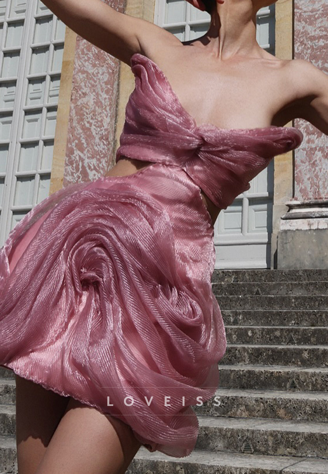Pleated Rosette Mini Dress with Twist-Knot Waist
