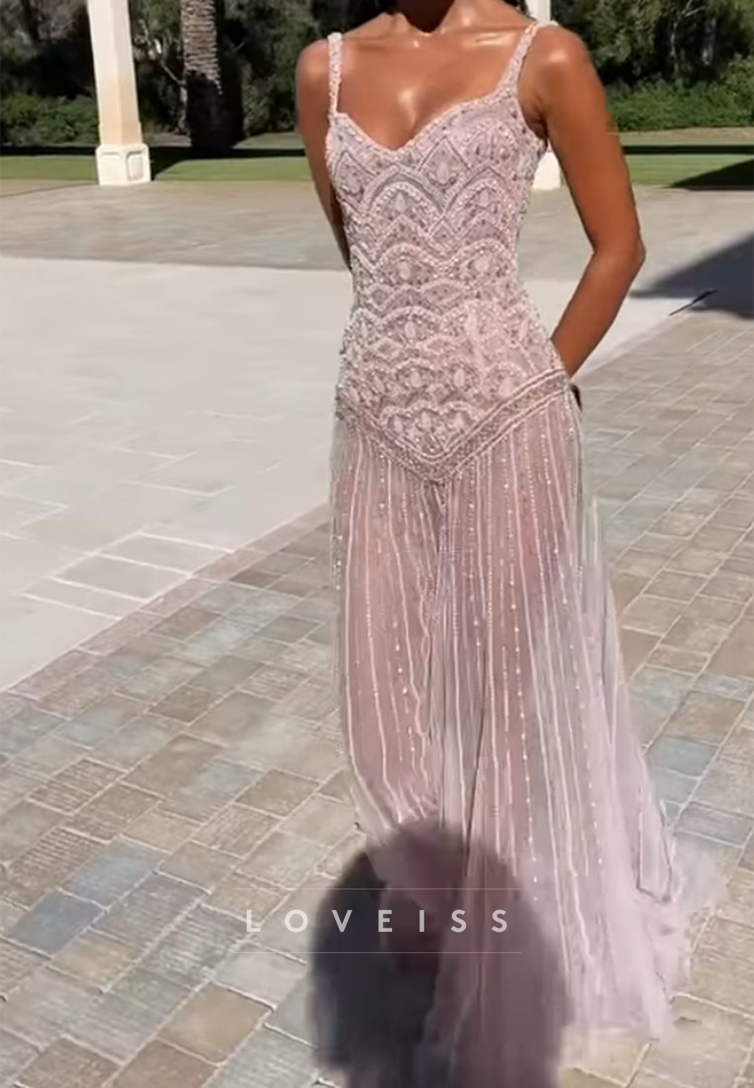Beaded V-Neck Column Gown with Sheer Striped Skirt