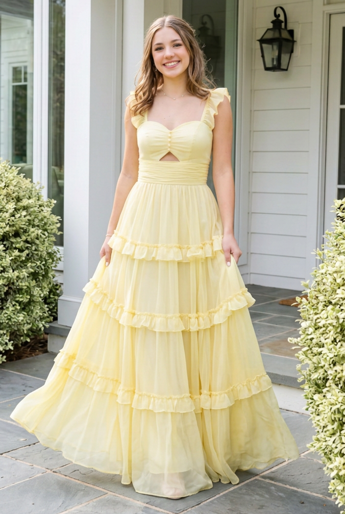 A-Line Gown with Ruffle Lattice and Cutout