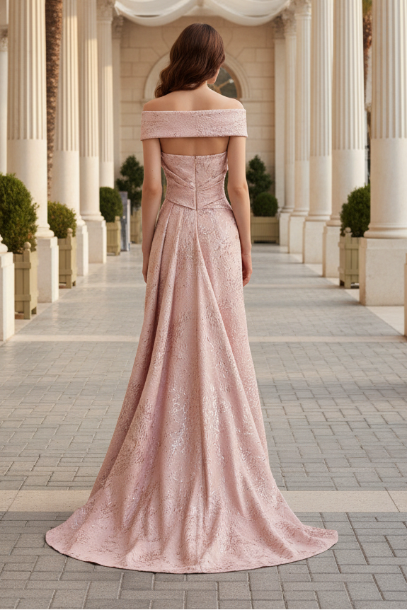 Off-the-Shoulder Jacquard Evening Gown with Draped Skirt