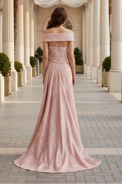 Off-the-Shoulder Jacquard Evening Gown with Draped Skirt