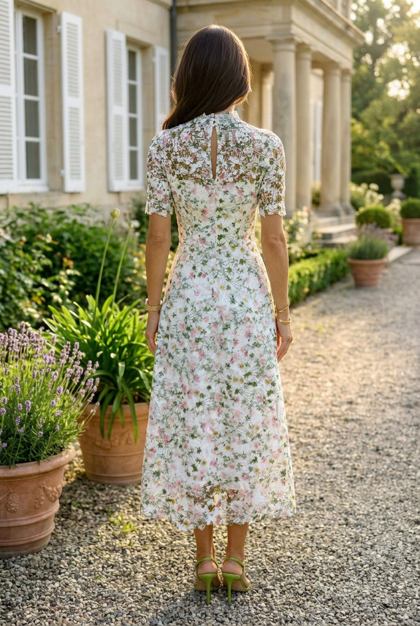 Floral Embroidered Lace A-Line Midi Dress
