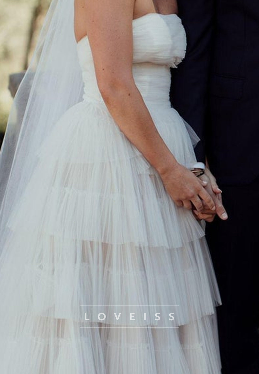 Strapless Tiered Tulle A-Line Wedding Dress with Veil