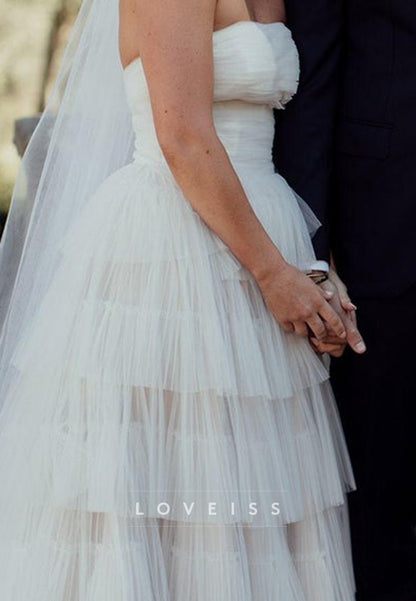 Strapless Tiered Tulle A-Line Wedding Dress with Veil