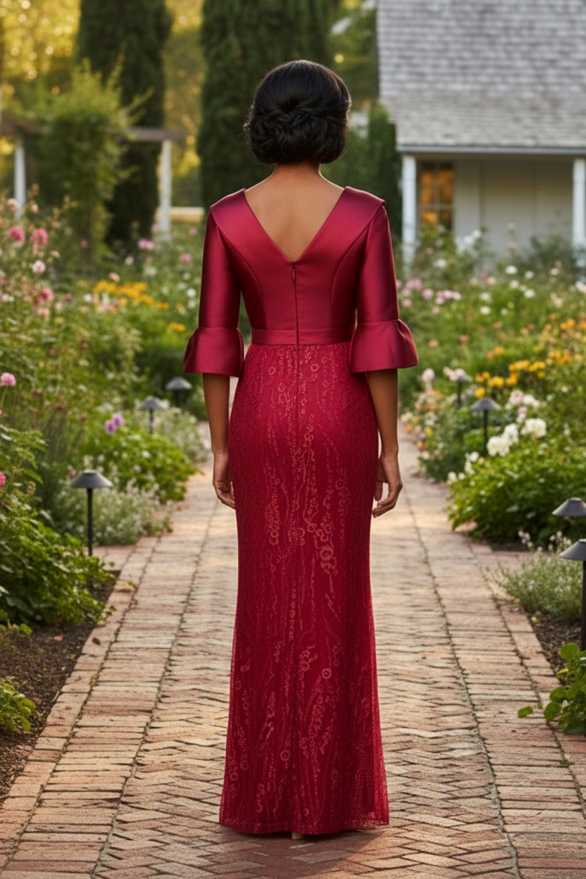 Wrap Bodice Lace Column Evening Gown