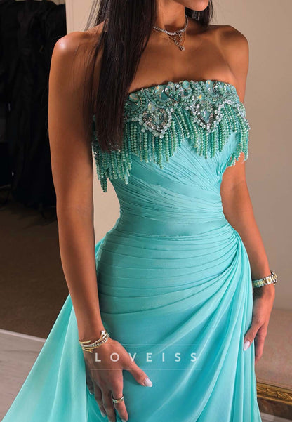 Strapless Ruched Gown with Beaded Fringe Bodice