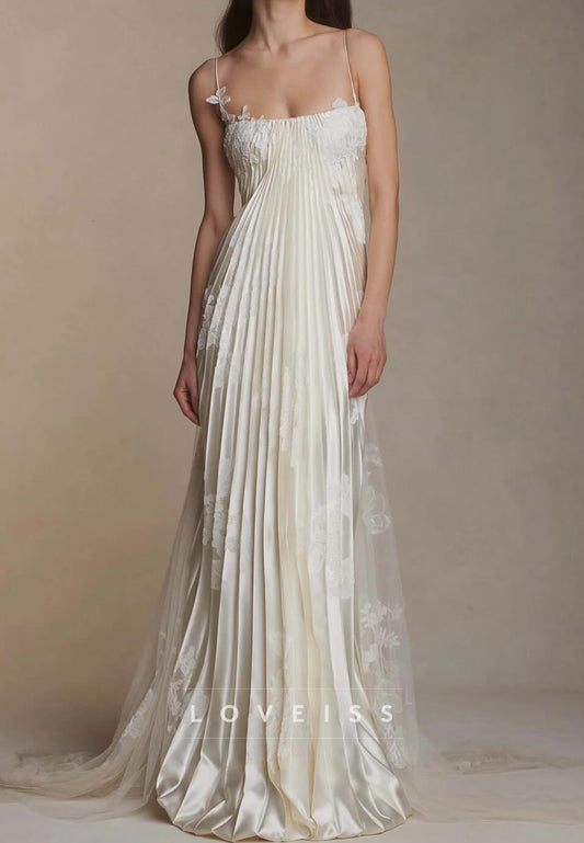 Pleated Satin Slip Wedding Dress with Lace Appliques
