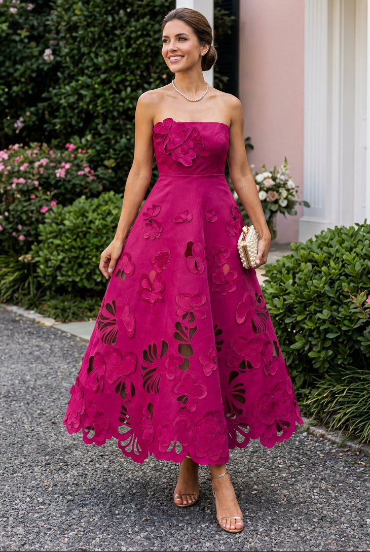 Strapless Floral Applique Cut-Out A-Line Midi Dress