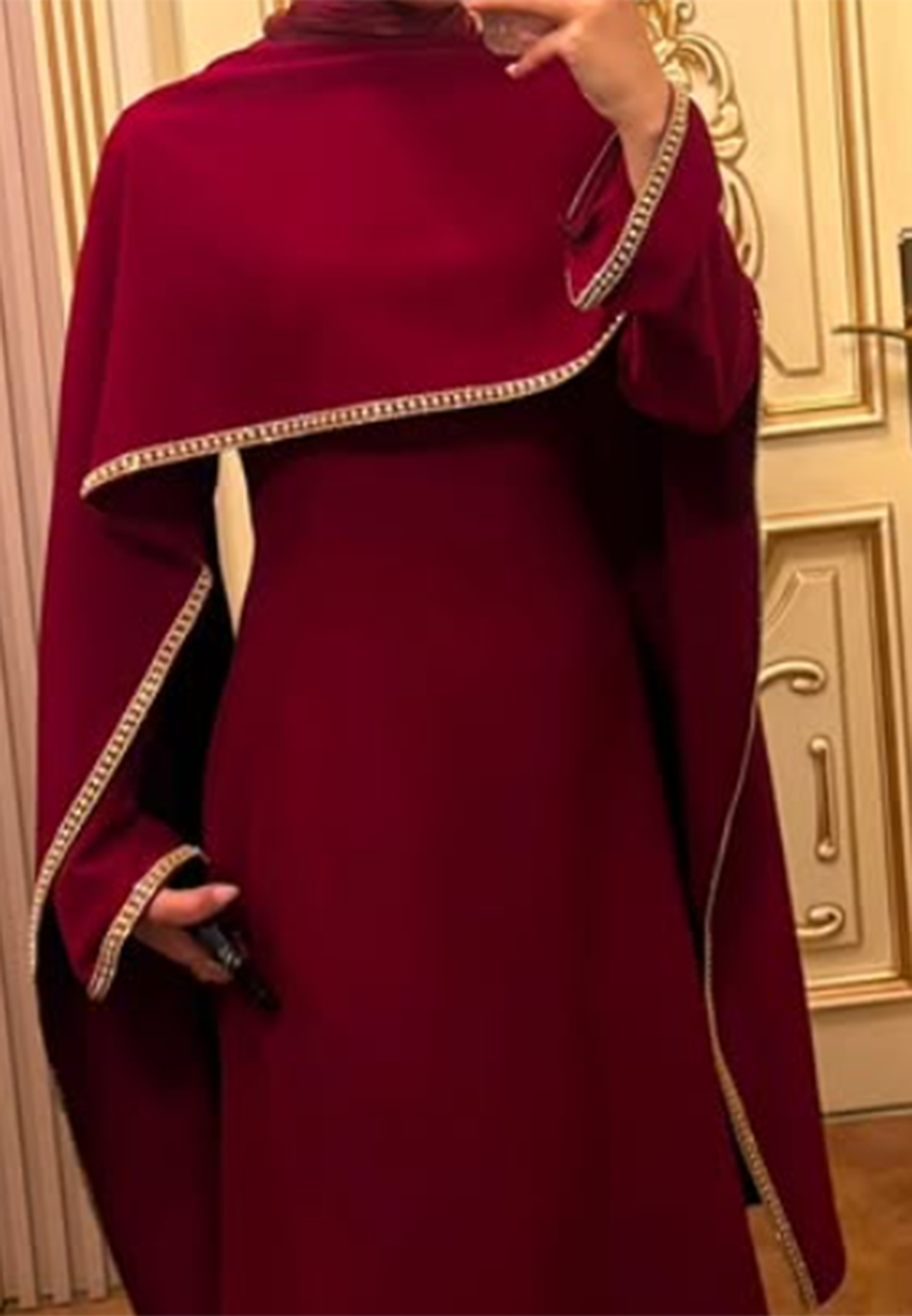 Long Sleeve Cape Evening Maxi Dress with Trim