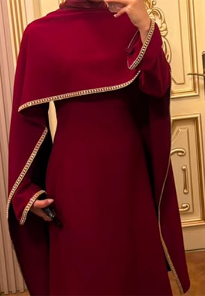 Long Sleeve Cape Evening Maxi Dress with Trim
