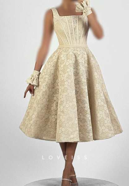 Square Neck Corset Lace Midi A-Line Dress